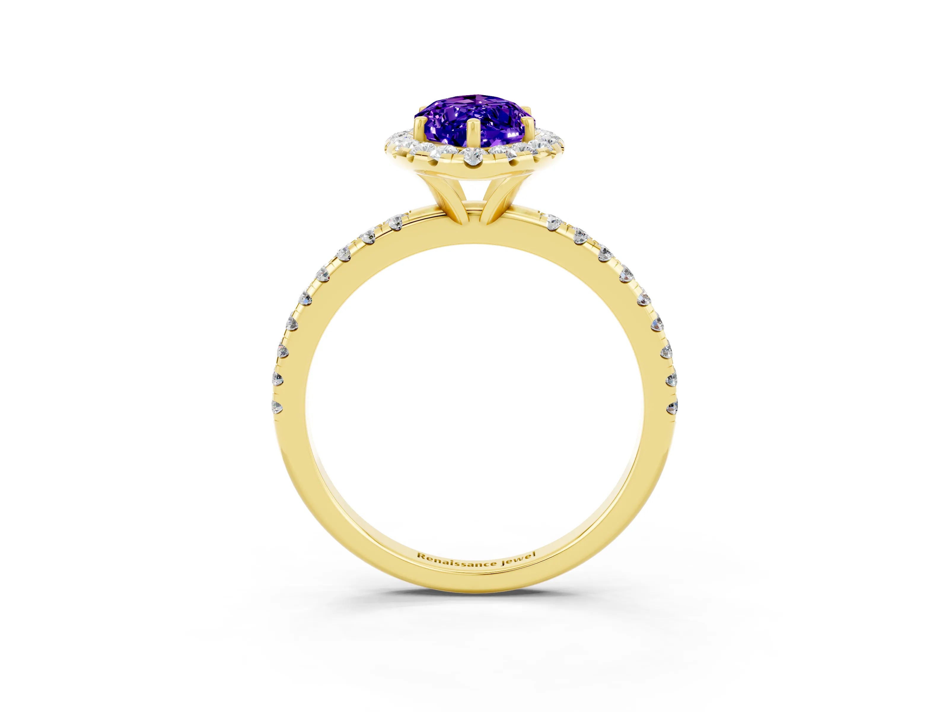 Yellow gold Marquise Cut Halo Round Diamond Pavé Band Four-Prong Ring_3
