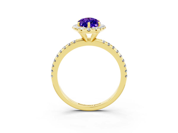 Yellow gold Marquise Cut Tanzanite Halo Ring with Round Pavé Band and Prong Setting