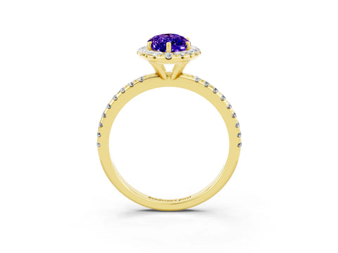 Yellow gold Marquise Cut Halo Round Diamond Pavé Band Four-Prong Ring_3
