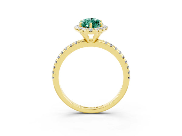 Yellow gold Marquise Cut Green Sapphire Halo Ring with Round Pavé Band and Prong Setting
