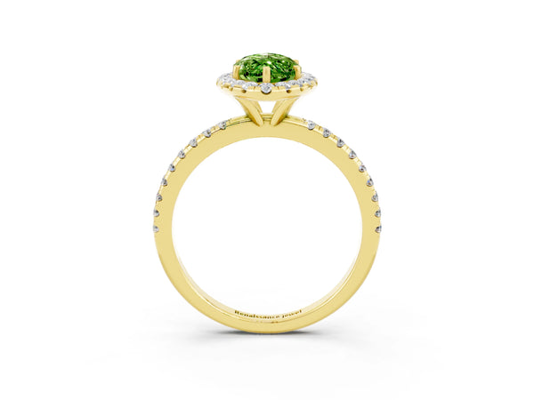 Yellow gold Marquise Cut Halo Round Diamond Pavé Band Four-Prong Ring