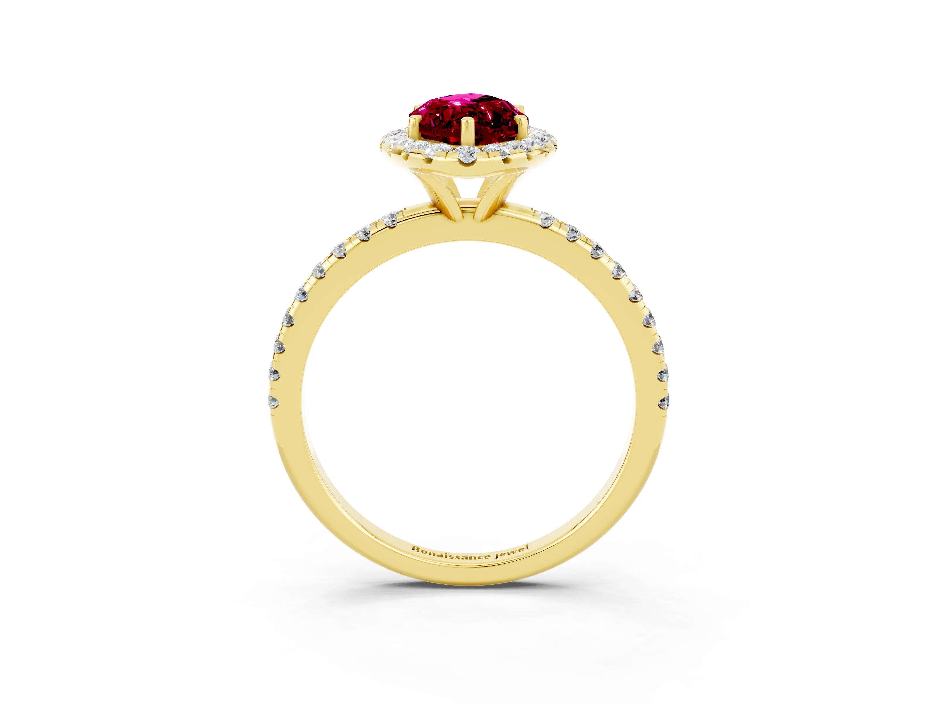 Yellow gold Marquise Cut Halo Round Diamond Pavé Band Four-Prong Ring_3