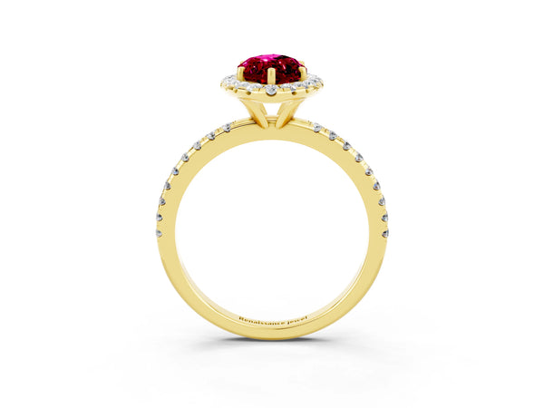 Yellow gold Marquise Cut Garnet Halo Ring with Round Pavé Band and Prong Setting
