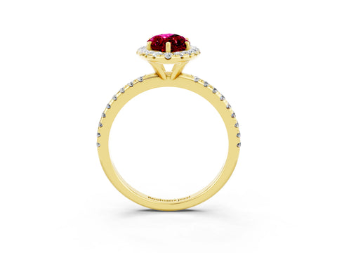 Yellow gold Marquise Cut Halo Round Diamond Pavé Band Four-Prong Ring_3