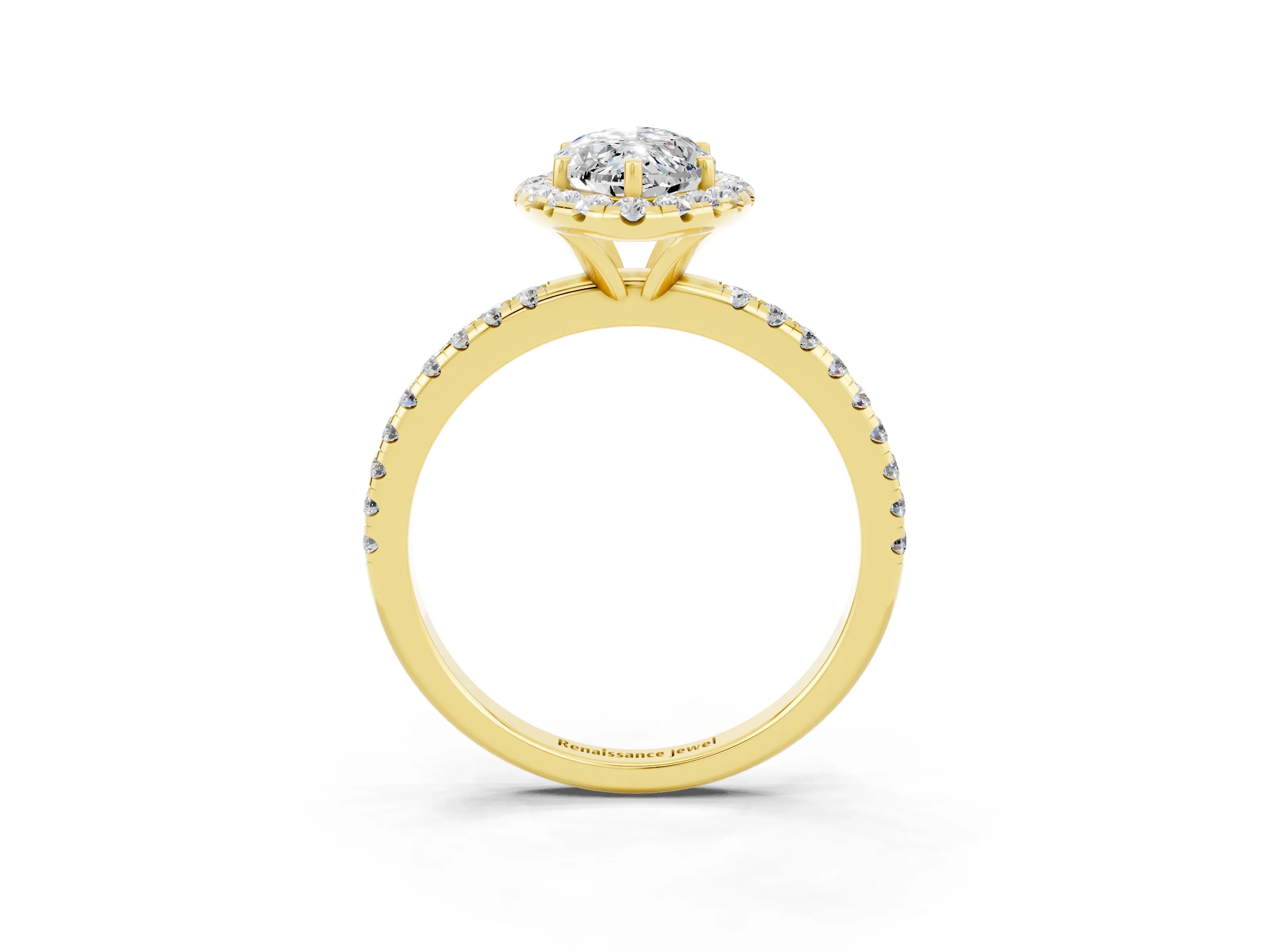 Yellow gold Marquise Cut Halo Round Diamond Pavé Band Four-Prong Ring_3