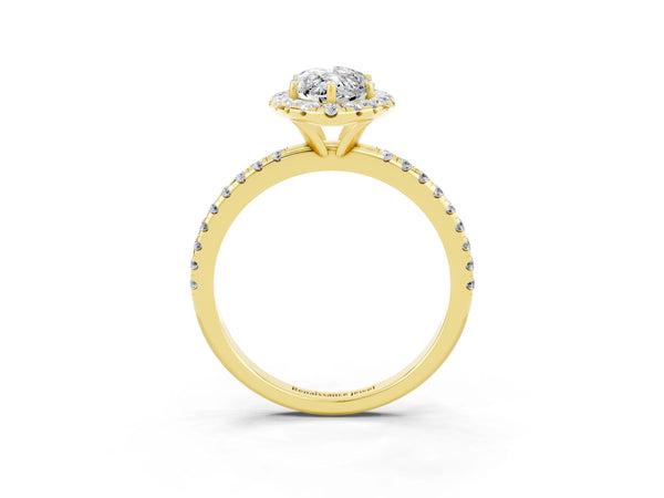Yellow gold Marquise Cut Moissanite Halo Ring with Round Pavé Band and Prong Setting