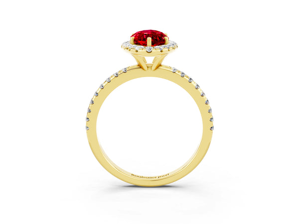 Yellow gold Marquise Cut Halo Round Diamond Pavé Band Four-Prong Ring
