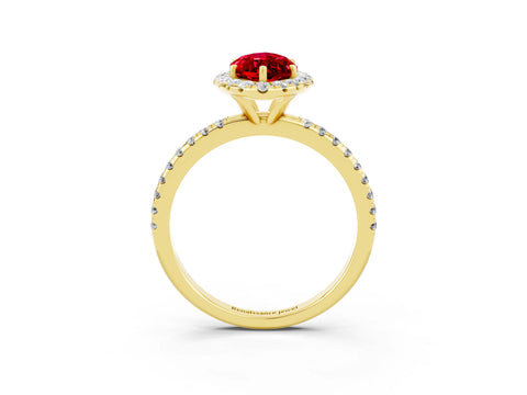 Yellow gold Marquise Cut Halo Round Diamond Pavé Band Four-Prong Ring_3