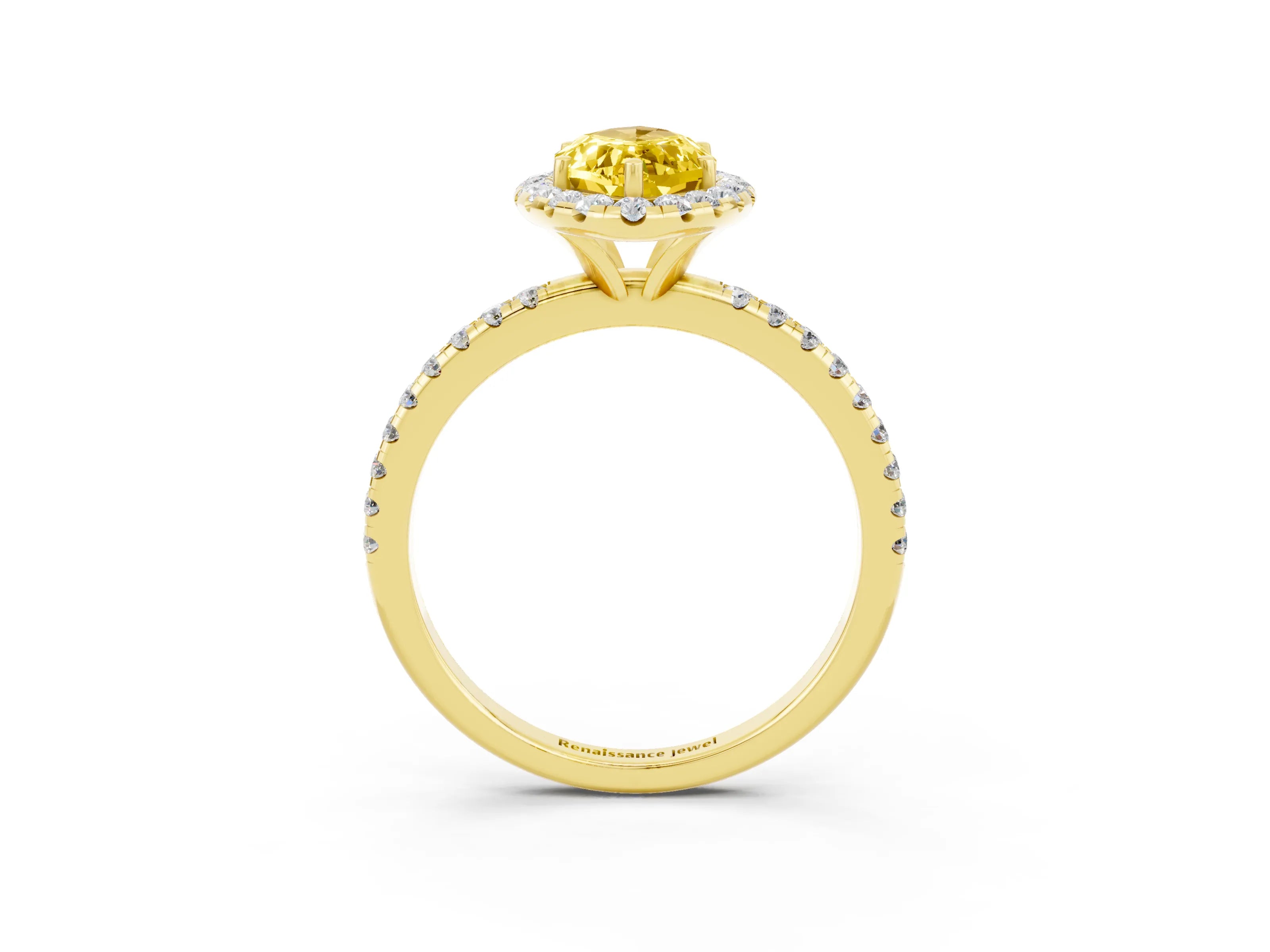Yellow gold Marquise Cut Halo Round Diamond Pavé Band Four-Prong Ring_3