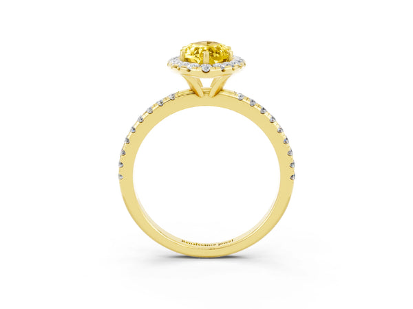Yellow gold Marquise Cut Yellow Sapphire Halo Ring with Round Pavé Band and Prong Setting