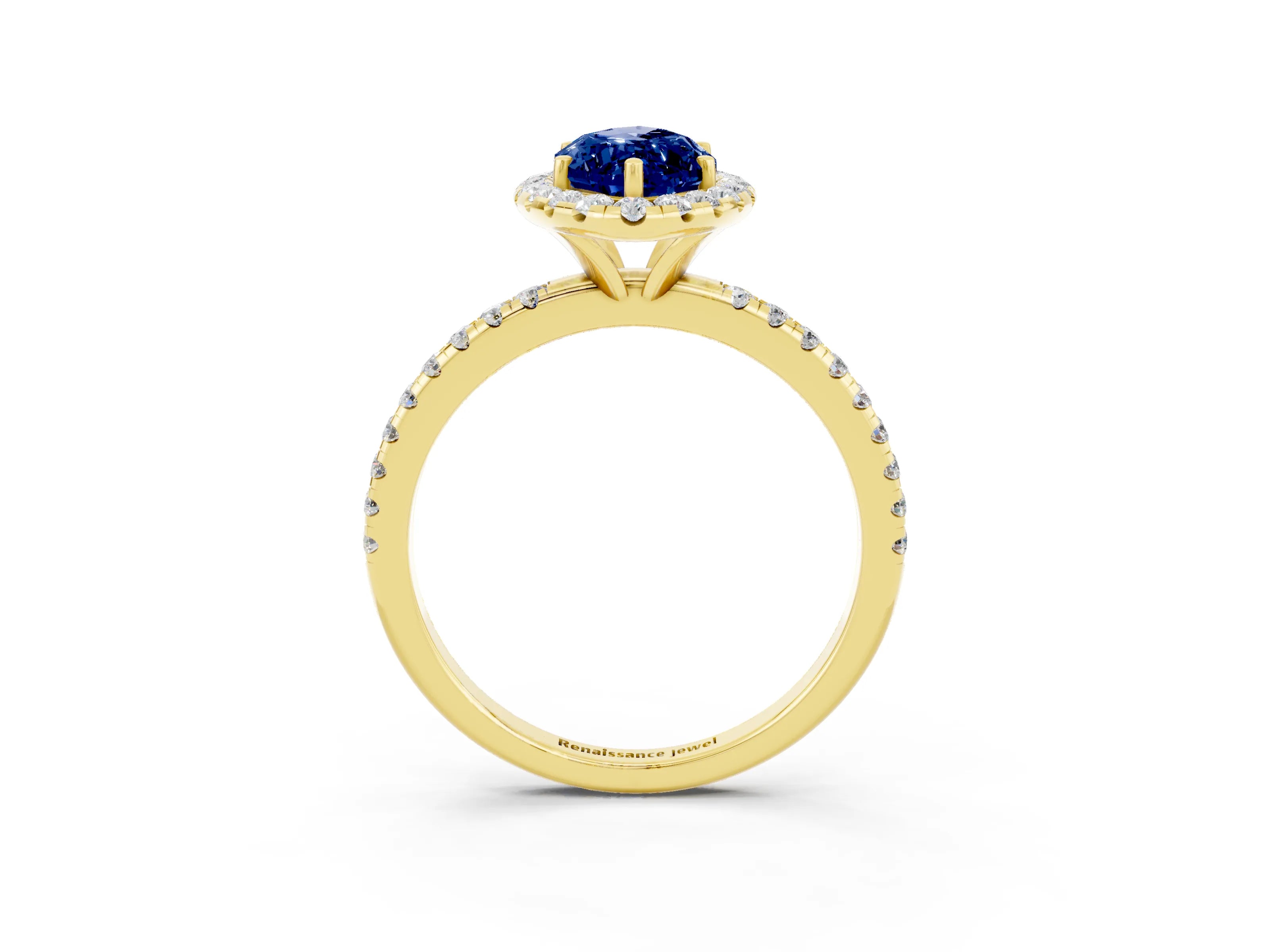 Yellow gold Marquise Cut Halo Round Diamond Pavé Band Four-Prong Ring_3