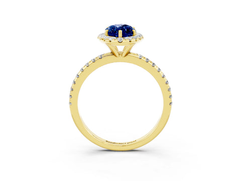 Yellow gold Marquise Cut Halo Round Diamond Pavé Band Four-Prong Ring_3