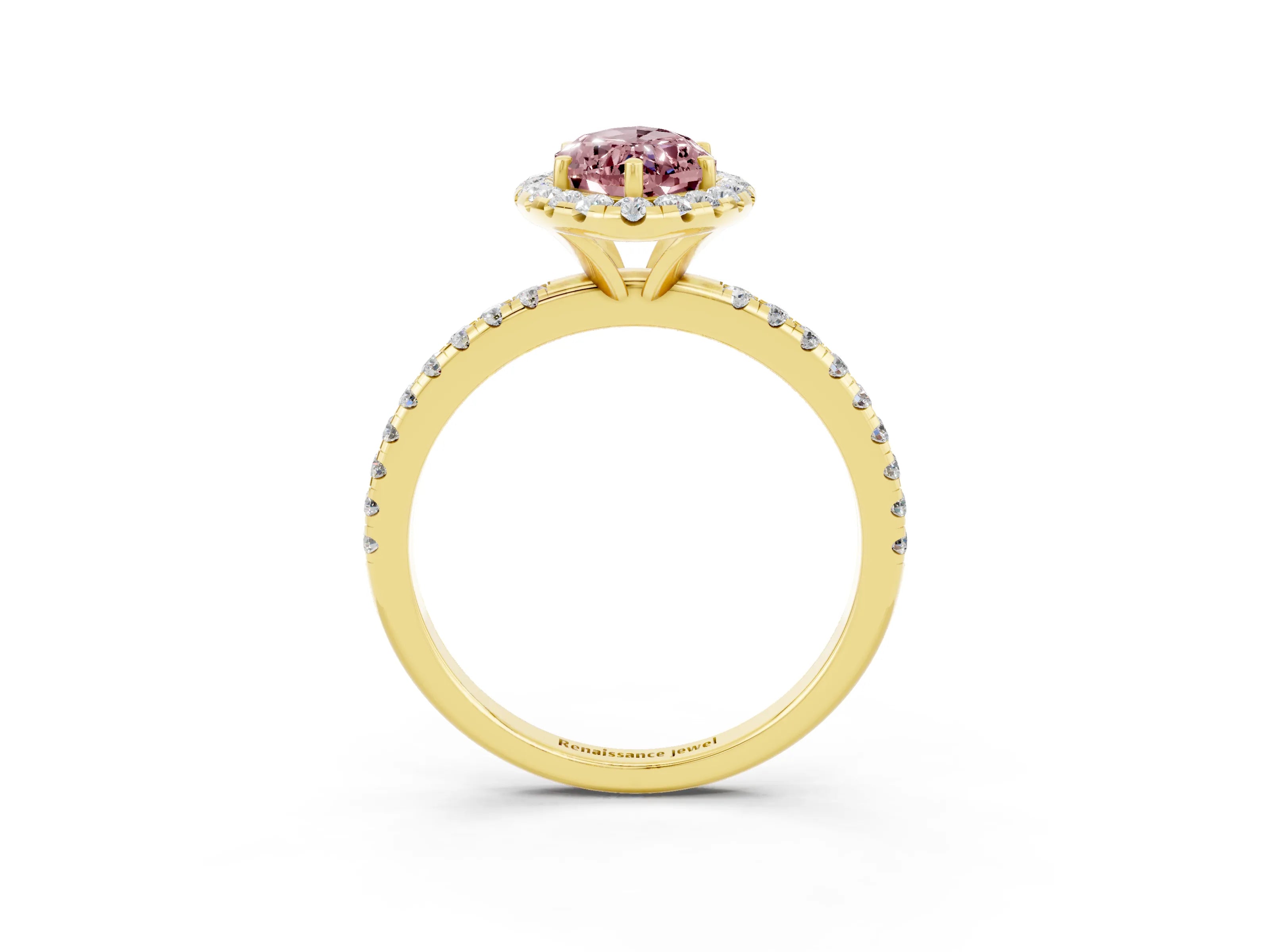 Yellow gold Marquise Cut Halo Round Diamond Pavé Band Four-Prong Ring_3