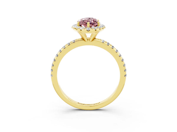 Yellow gold Marquise Cut Halo Round Diamond Pavé Band Four-Prong Ring