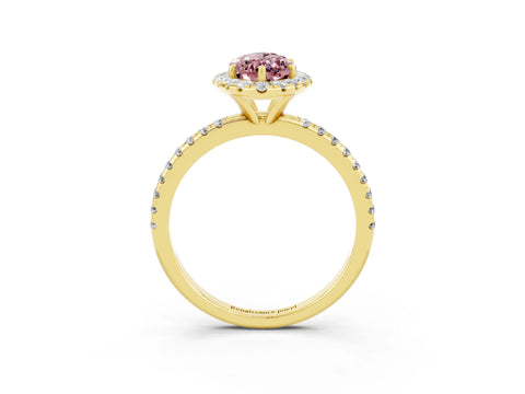 Yellow gold Marquise Cut Halo Round Diamond Pavé Band Four-Prong Ring_3