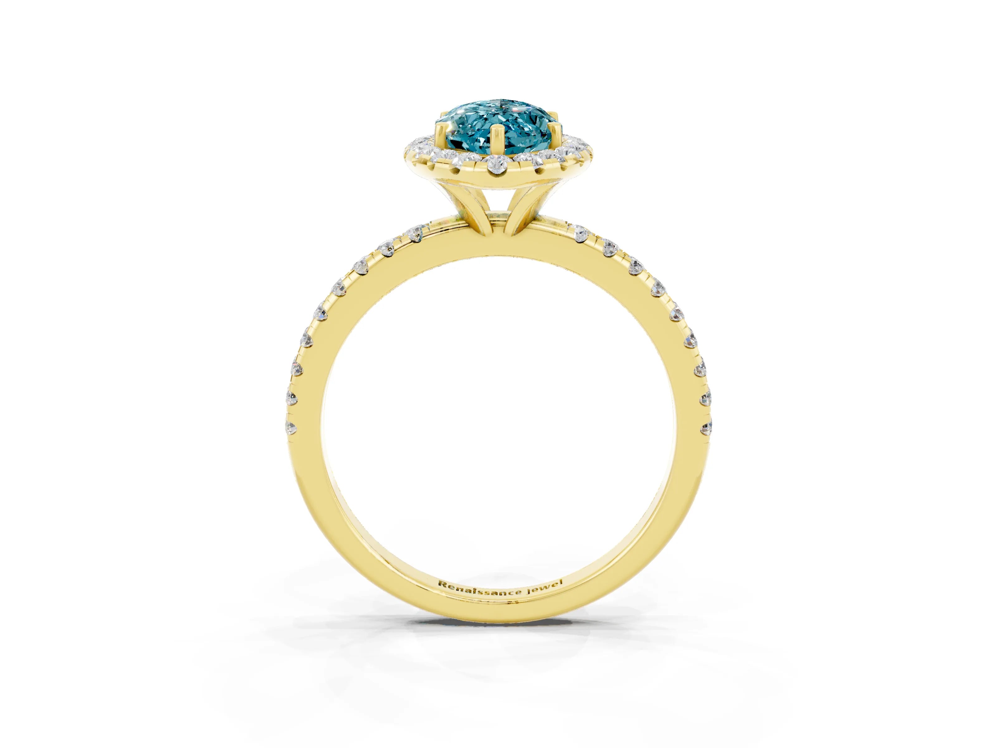 Yellow gold Marquise Cut Halo Round Diamond Pavé Band Four-Prong Ring_3