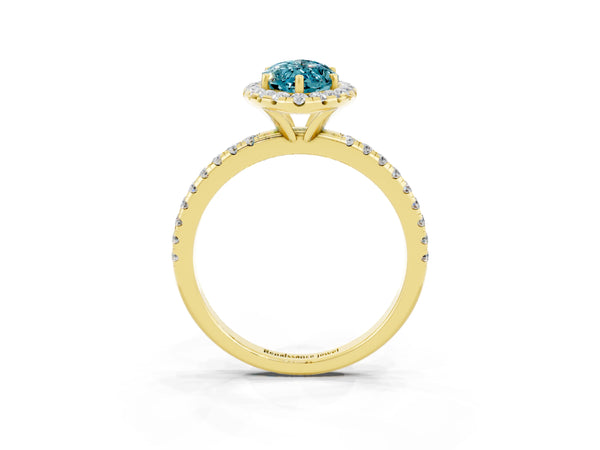 Yellow gold Marquise Cut Halo Round Diamond Pavé Band Four-Prong Ring