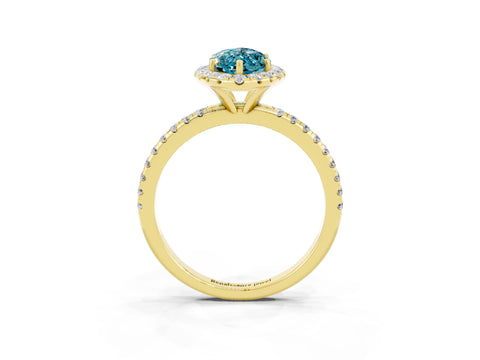 Yellow gold Marquise Cut Halo Round Diamond Pavé Band Four-Prong Ring_3