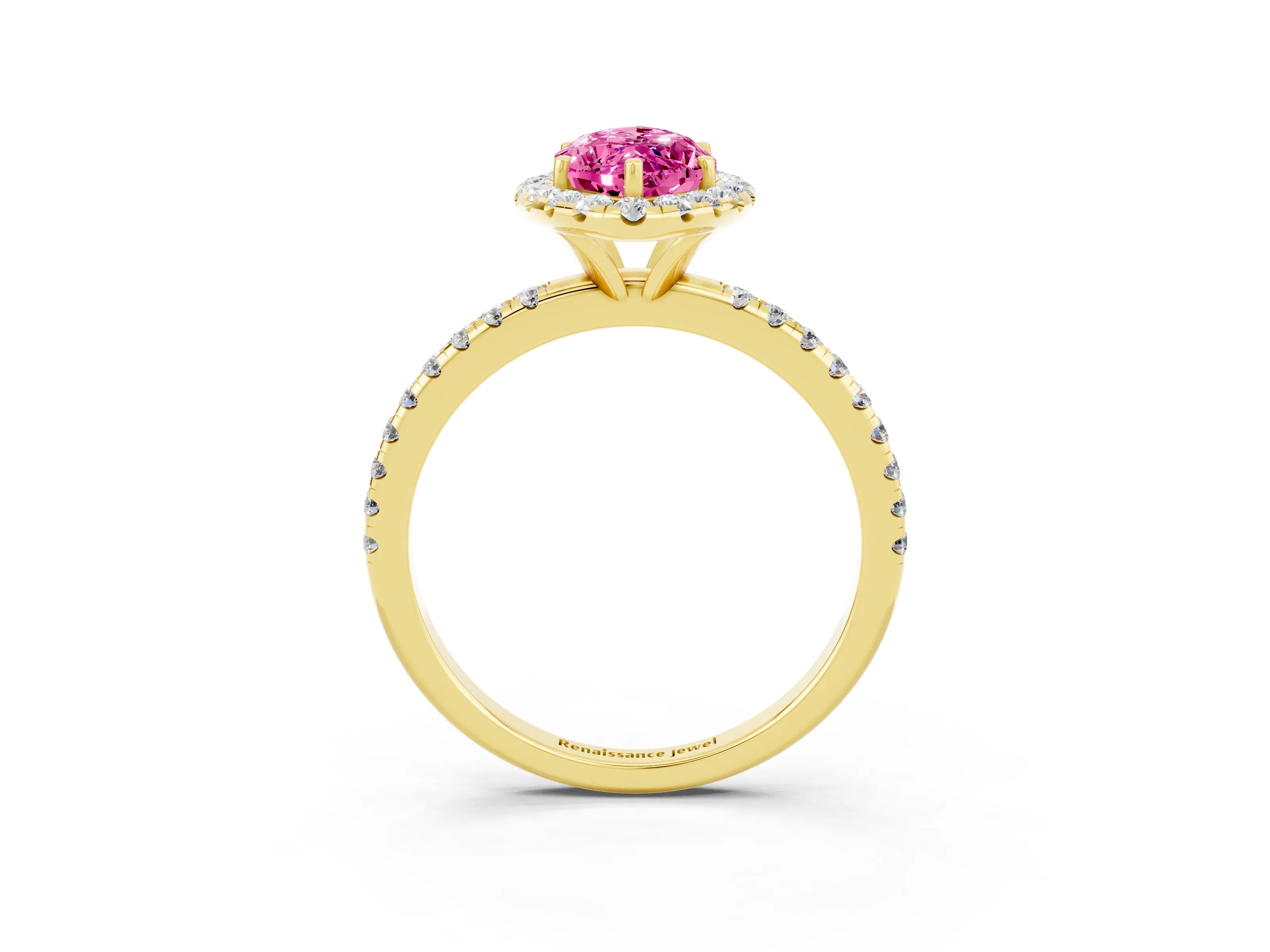 Yellow gold Marquise Cut Halo Round Diamond Pavé Band Four-Prong Ring_3