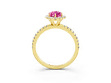 Yellow gold Marquise Cut Halo Round Diamond Pavé Band Four-Prong Ring_3