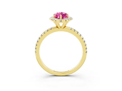 Yellow gold Marquise Cut Halo Round Diamond Pavé Band Four-Prong Ring_3