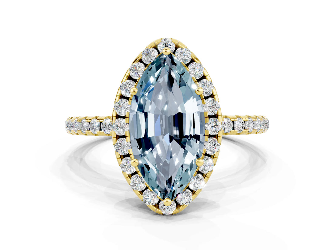Yellow gold Marquise Cut Halo Round Diamond Pavé Band Four-Prong Ring
