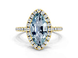 Yellow gold Marquise Cut Halo Round Diamond Pavé Band Four-Prong Ring