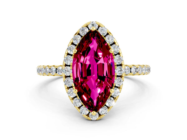 Yellow gold Marquise Cut Garnet Halo Ring with Round Pavé Band and Prong Setting