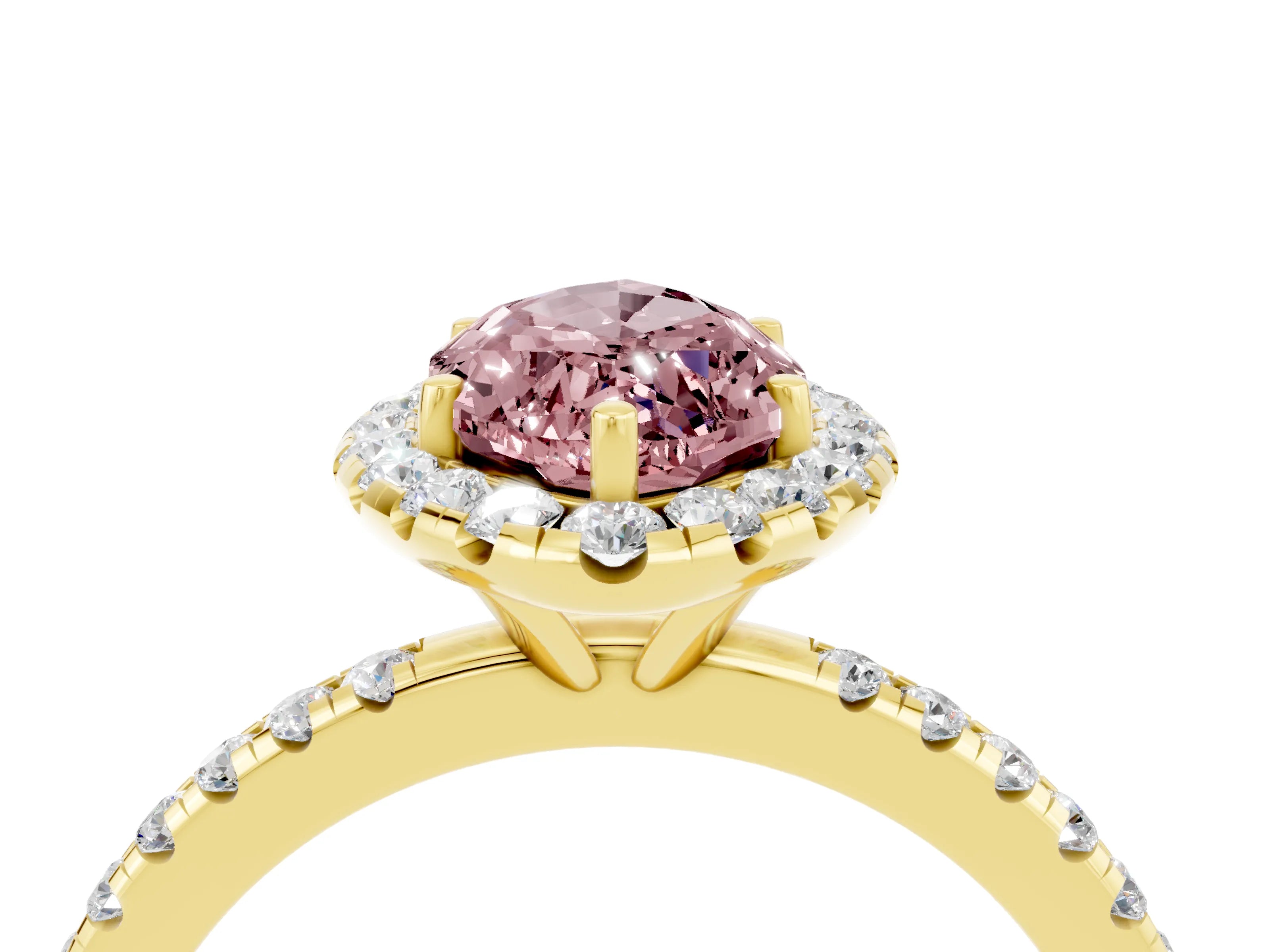 Yellow gold Marquise Cut Halo Round Diamond Pavé Band Four-Prong Ring_4