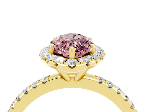 Yellow gold Marquise Cut Halo Round Diamond Pavé Band Four-Prong Ring_4