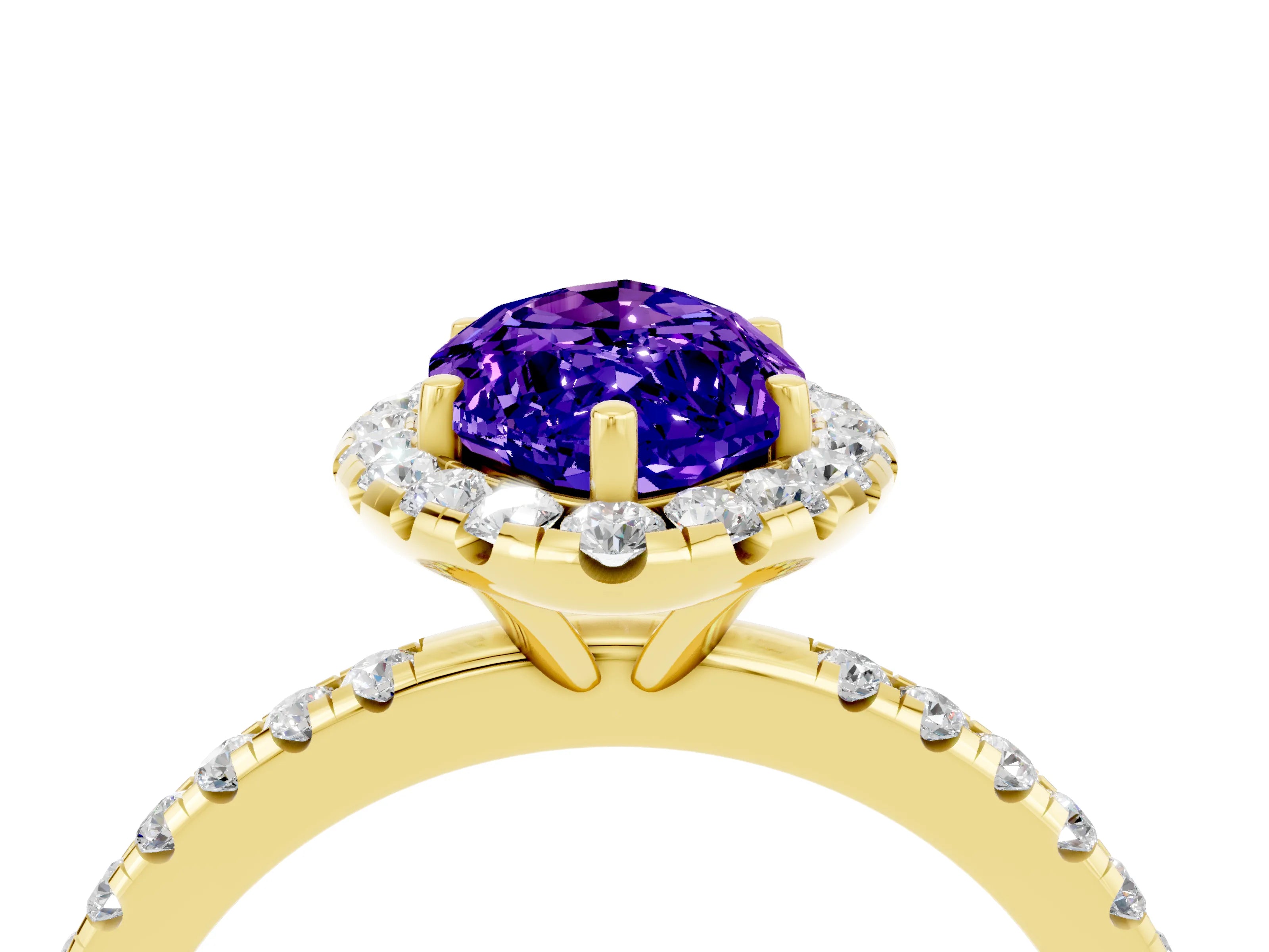Yellow gold Marquise Cut Halo Round Diamond Pavé Band Four-Prong Ring_4