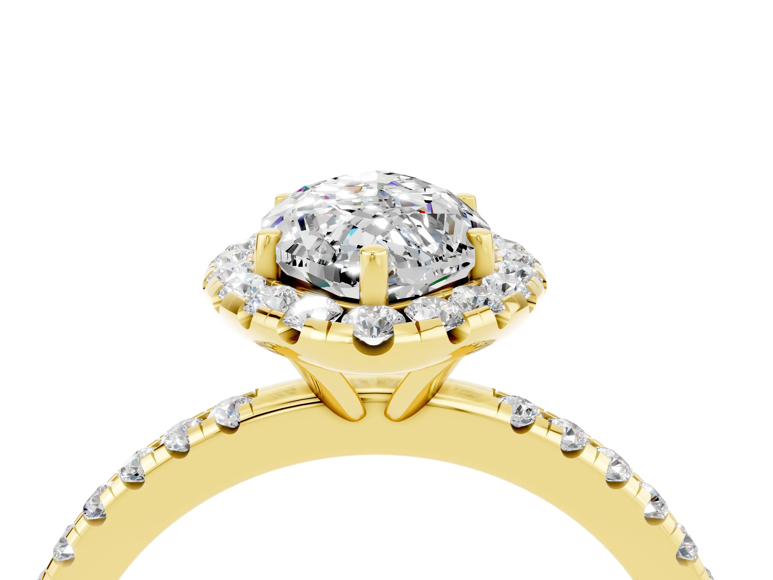 Yellow gold Marquise Cut Halo Round Diamond Pavé Band Four-Prong Ring_4