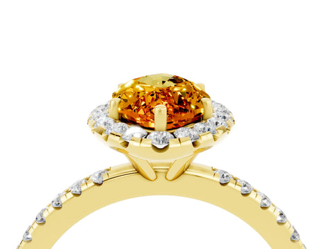 Yellow gold Marquise Cut Halo Round Diamond Pavé Band Four-Prong Ring_4