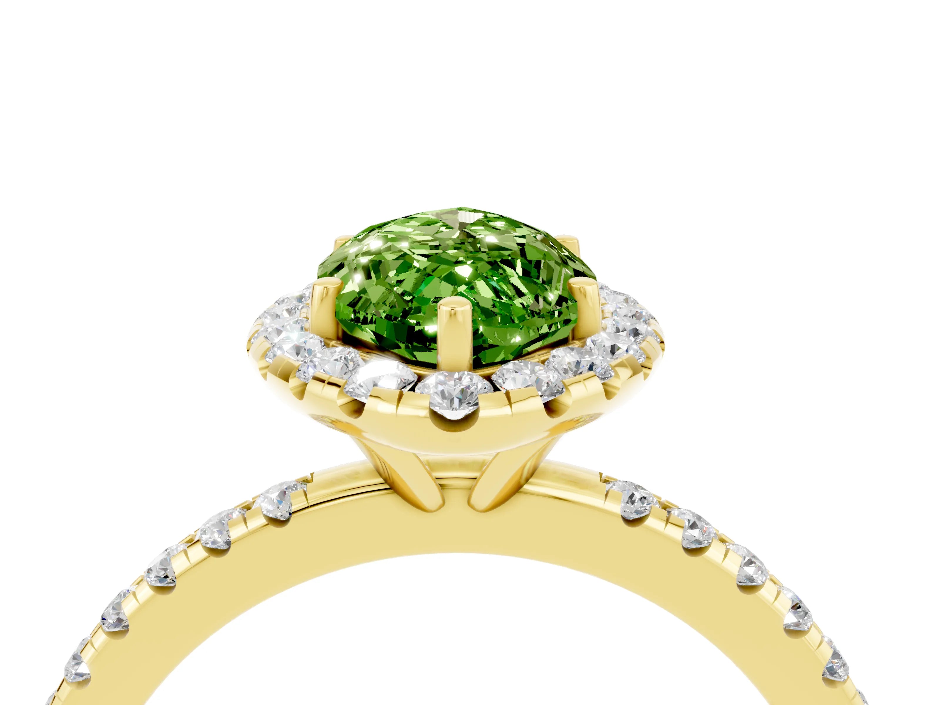 Yellow gold Marquise Cut Halo Round Diamond Pavé Band Four-Prong Ring_4