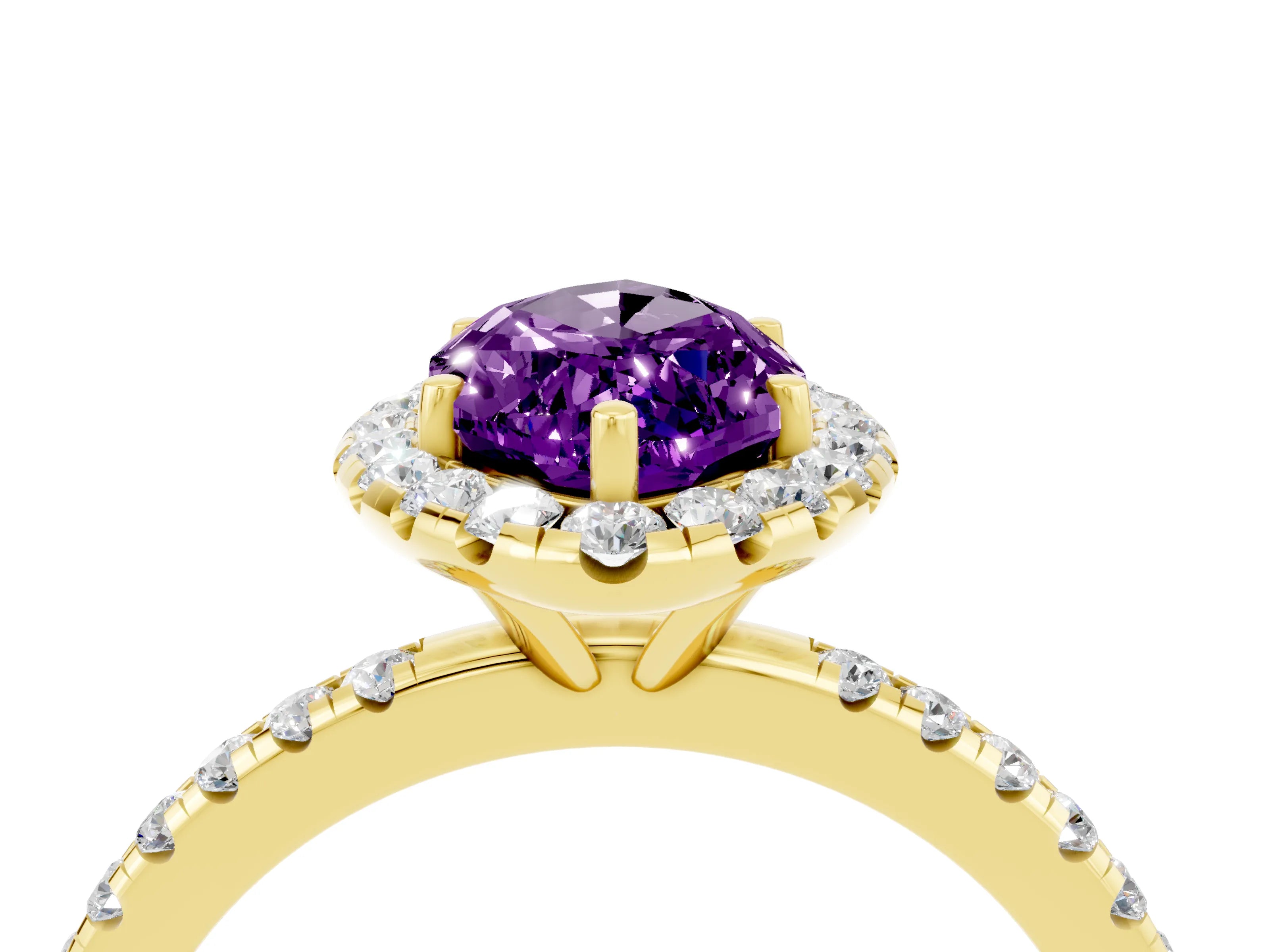 Yellow gold Marquise Cut Halo Round Diamond Pavé Band Four-Prong Ring_4