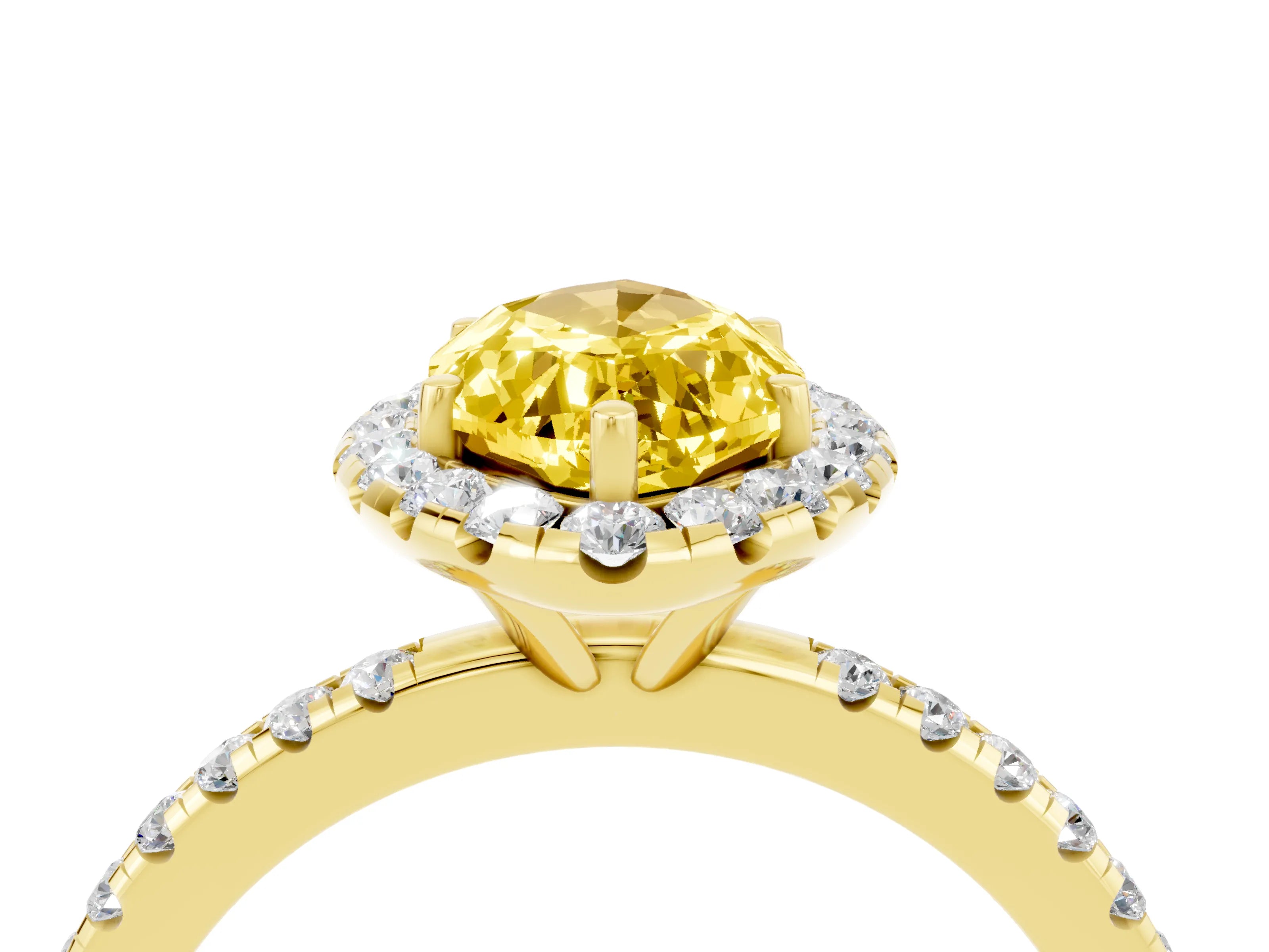 Yellow gold Marquise Cut Halo Round Diamond Pavé Band Four-Prong Ring_4