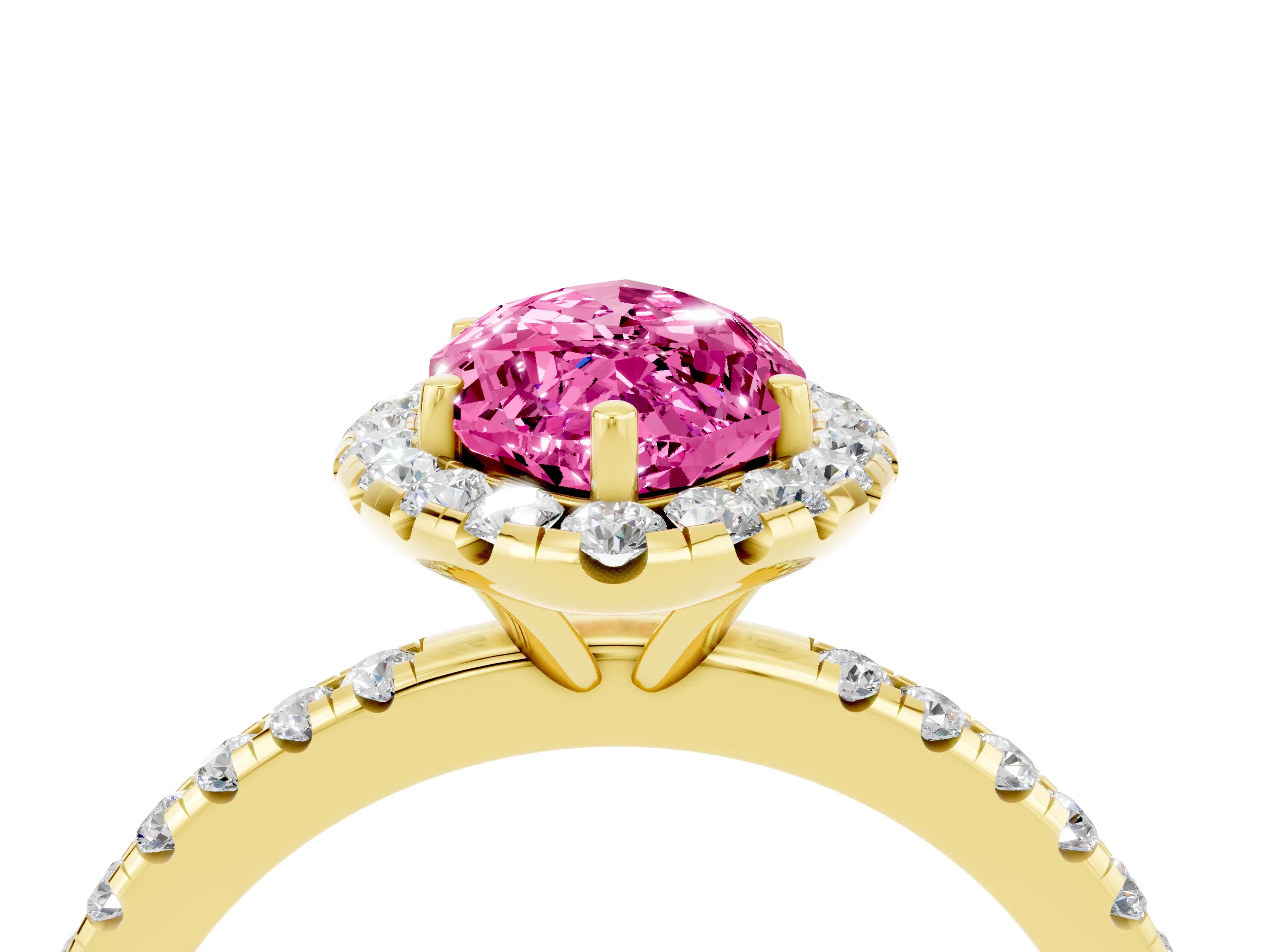 Yellow gold Marquise Cut Halo Round Diamond Pavé Band Four-Prong Ring_4