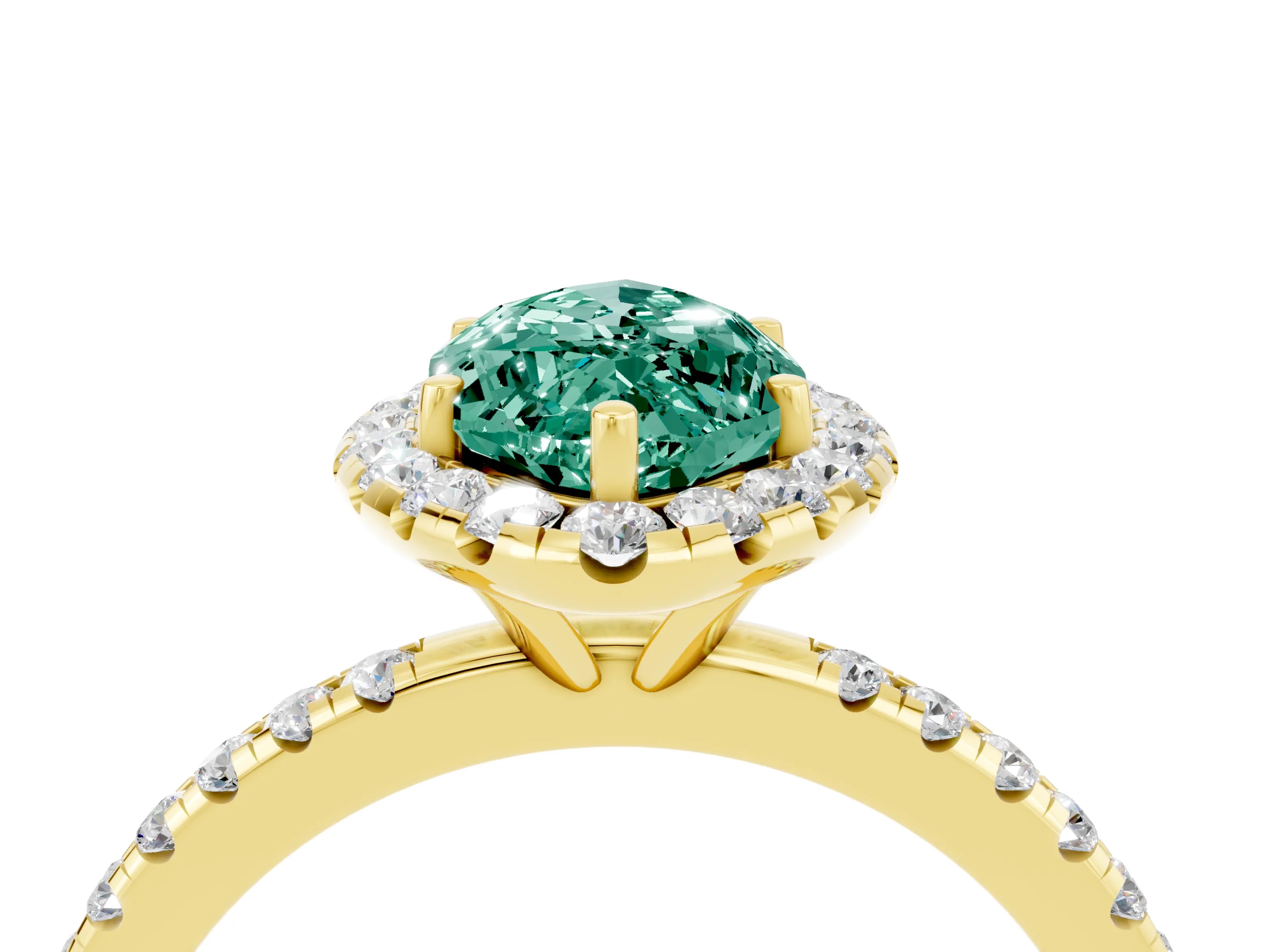 Yellow gold Marquise Cut Halo Round Diamond Pavé Band Four-Prong Ring_4