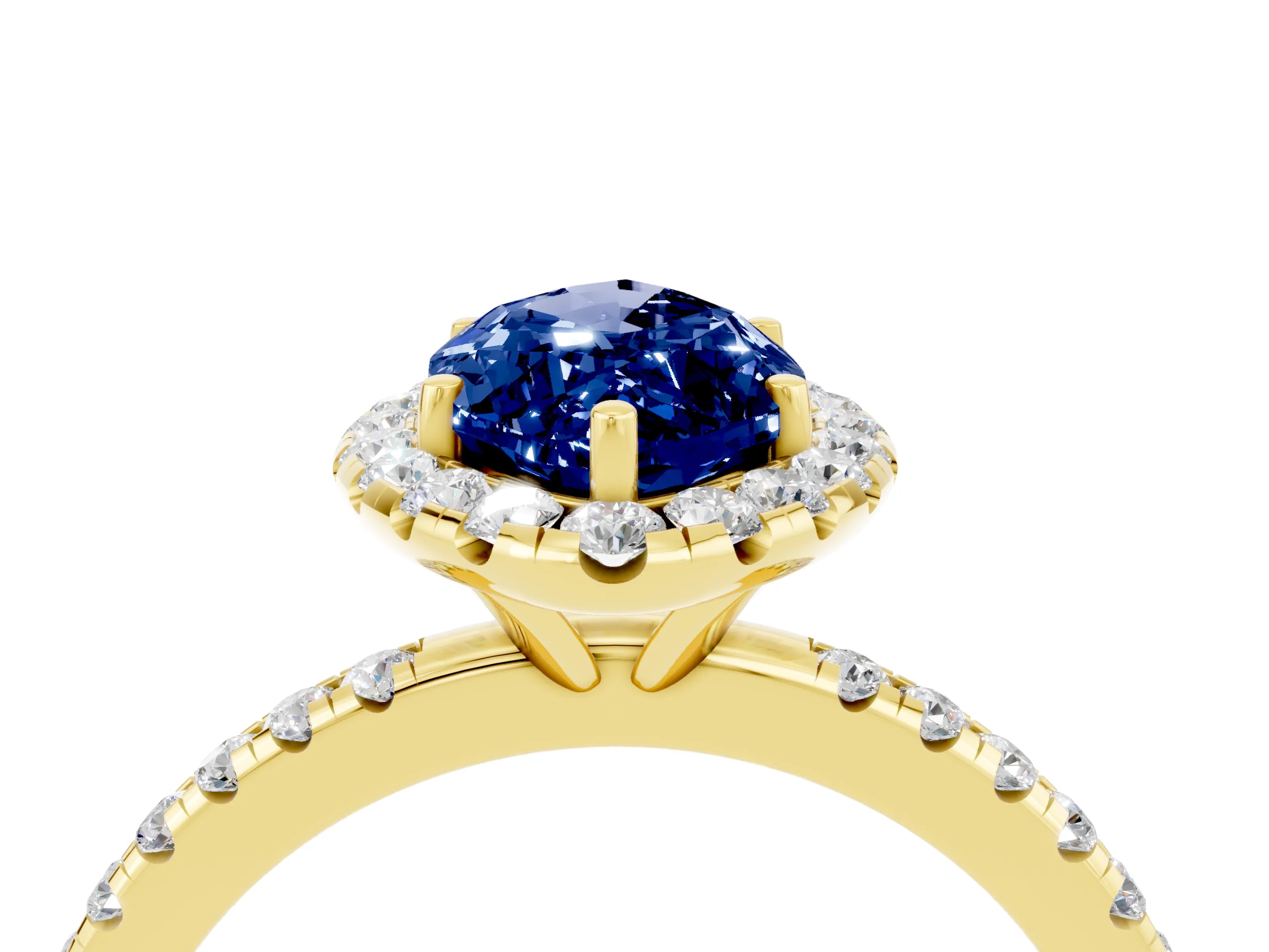 Yellow gold Marquise Cut Halo Round Diamond Pavé Band Four-Prong Ring_4