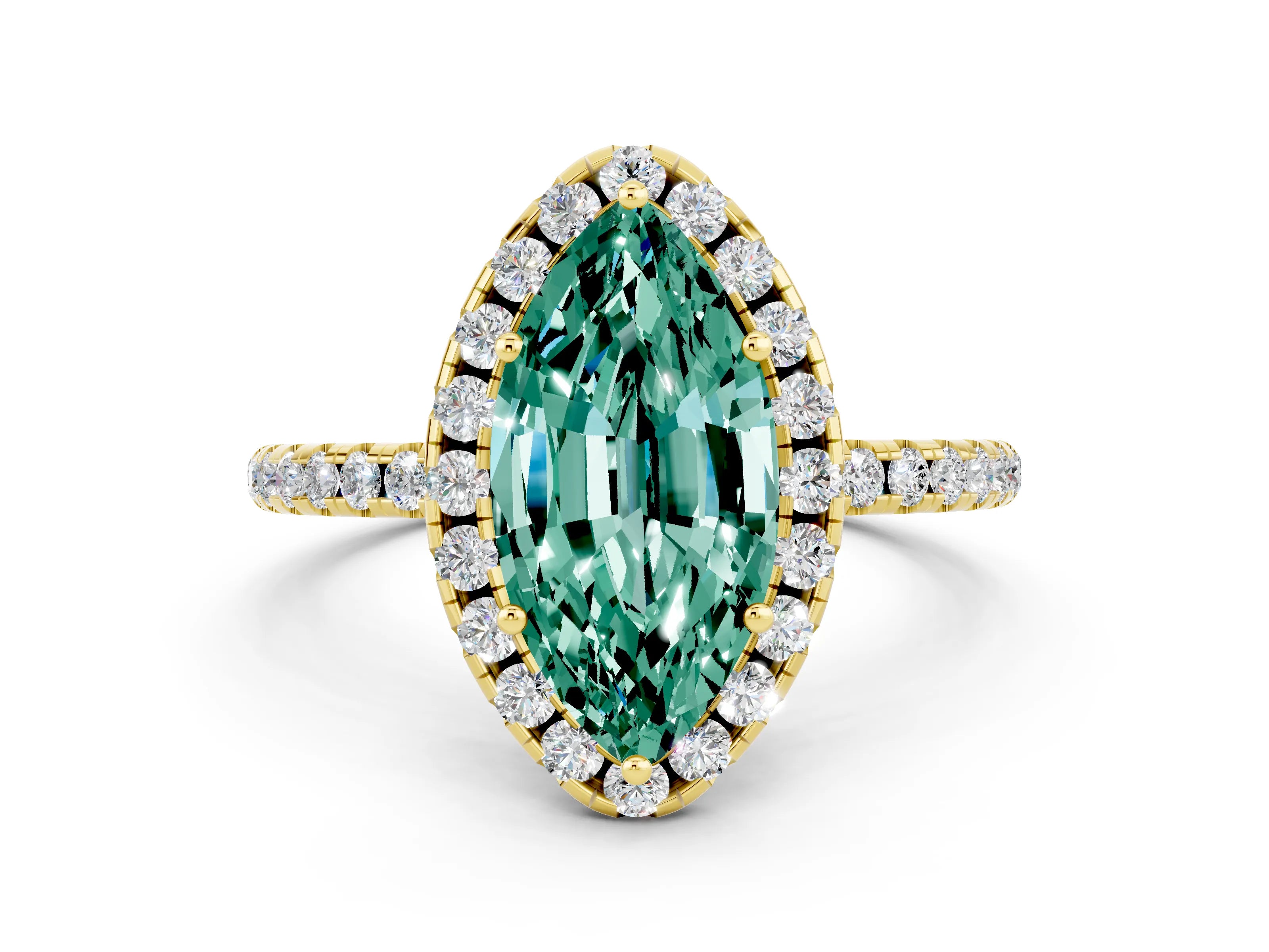 Yellow gold Marquise Cut Halo Round Diamond Pavé Band Four-Prong Ring