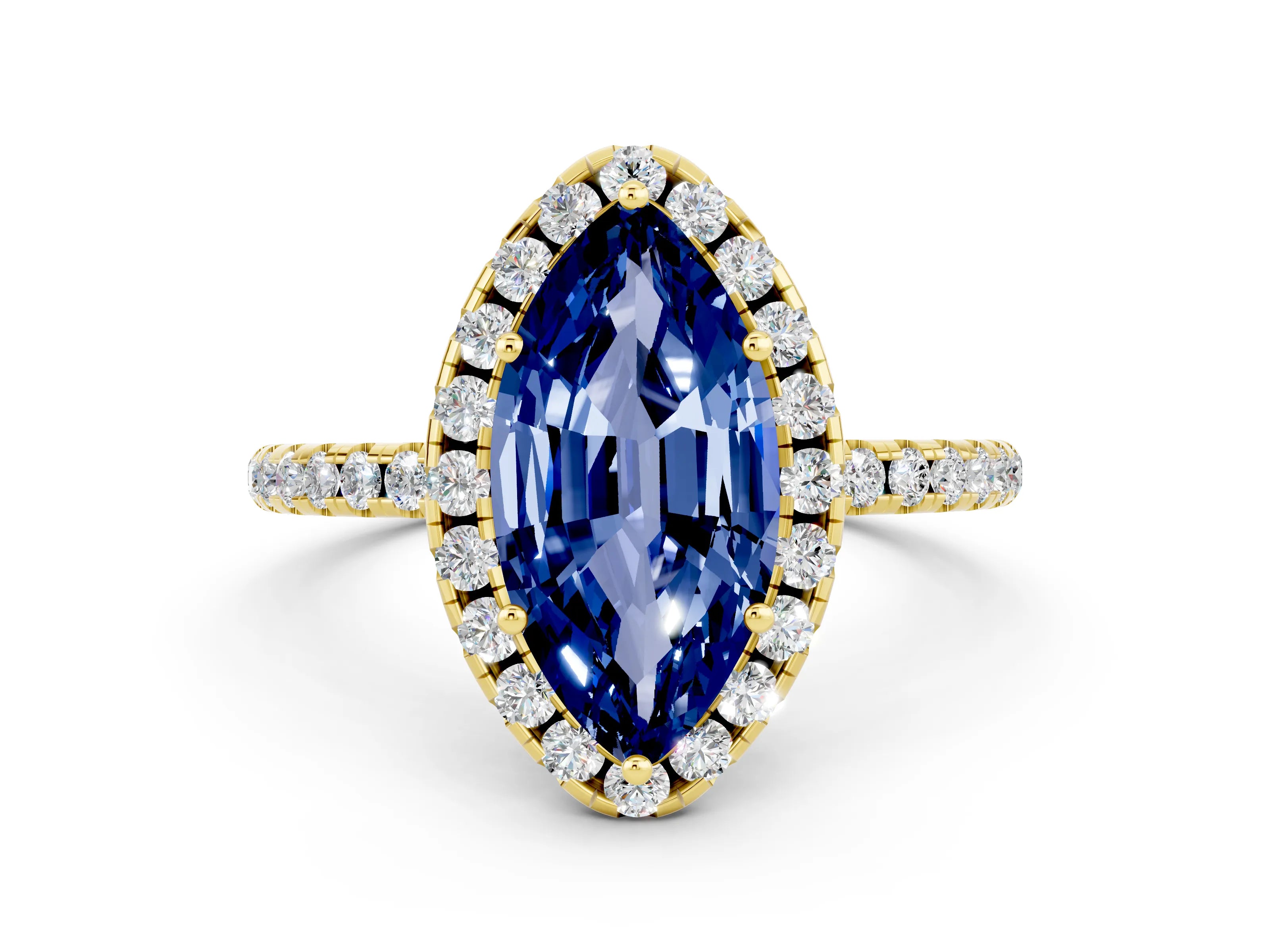 Yellow gold Marquise Cut Halo Round Diamond Pavé Band Four-Prong Ring