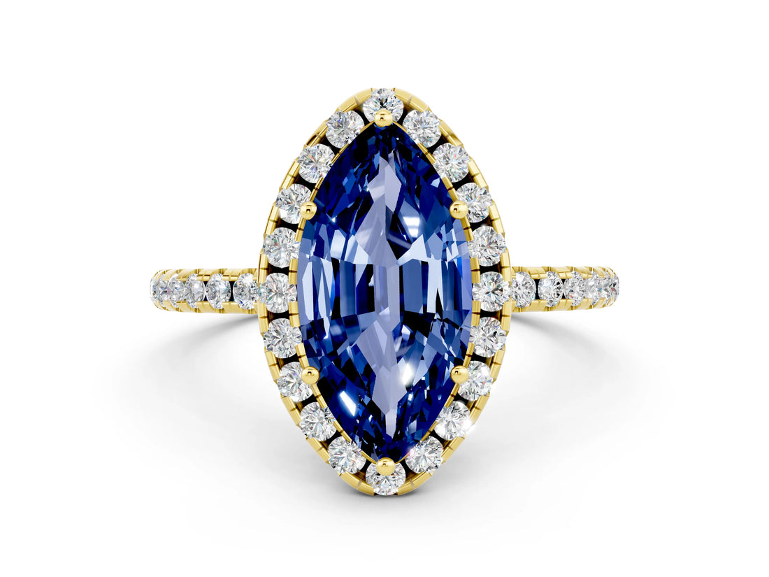 Yellow gold Marquise Cut Halo Round Diamond Pavé Band Four-Prong Ring