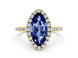 Yellow gold Marquise Cut Halo Round Diamond Pavé Band Four-Prong Ring