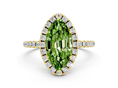 Yellow gold Marquise Cut Halo Round Diamond Pavé Band Four-Prong Ring