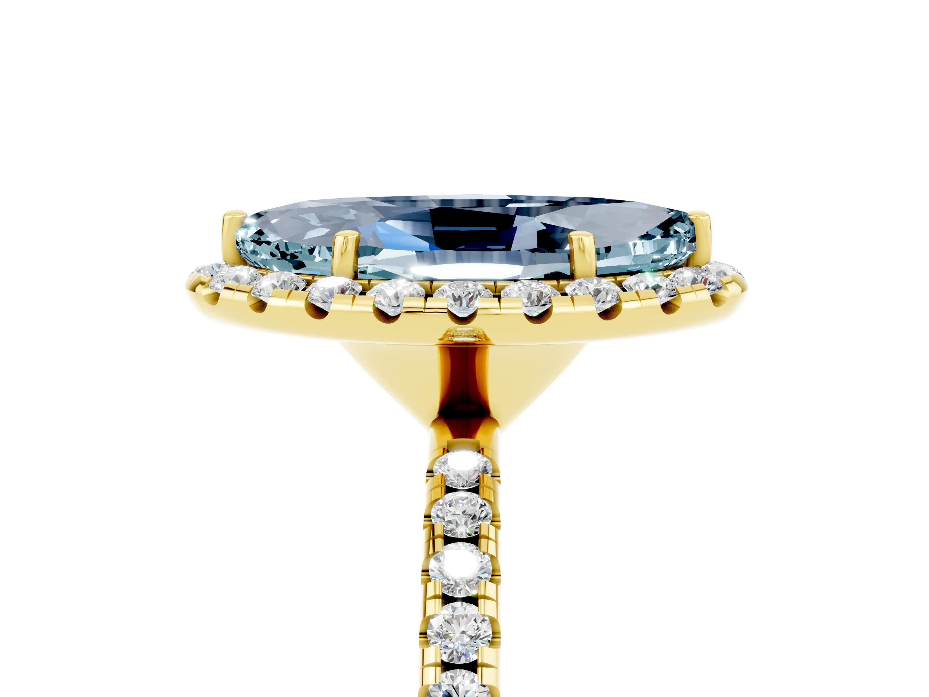 Yellow gold Marquise Cut Halo Round Diamond Pavé Band Four-Prong Ring_5