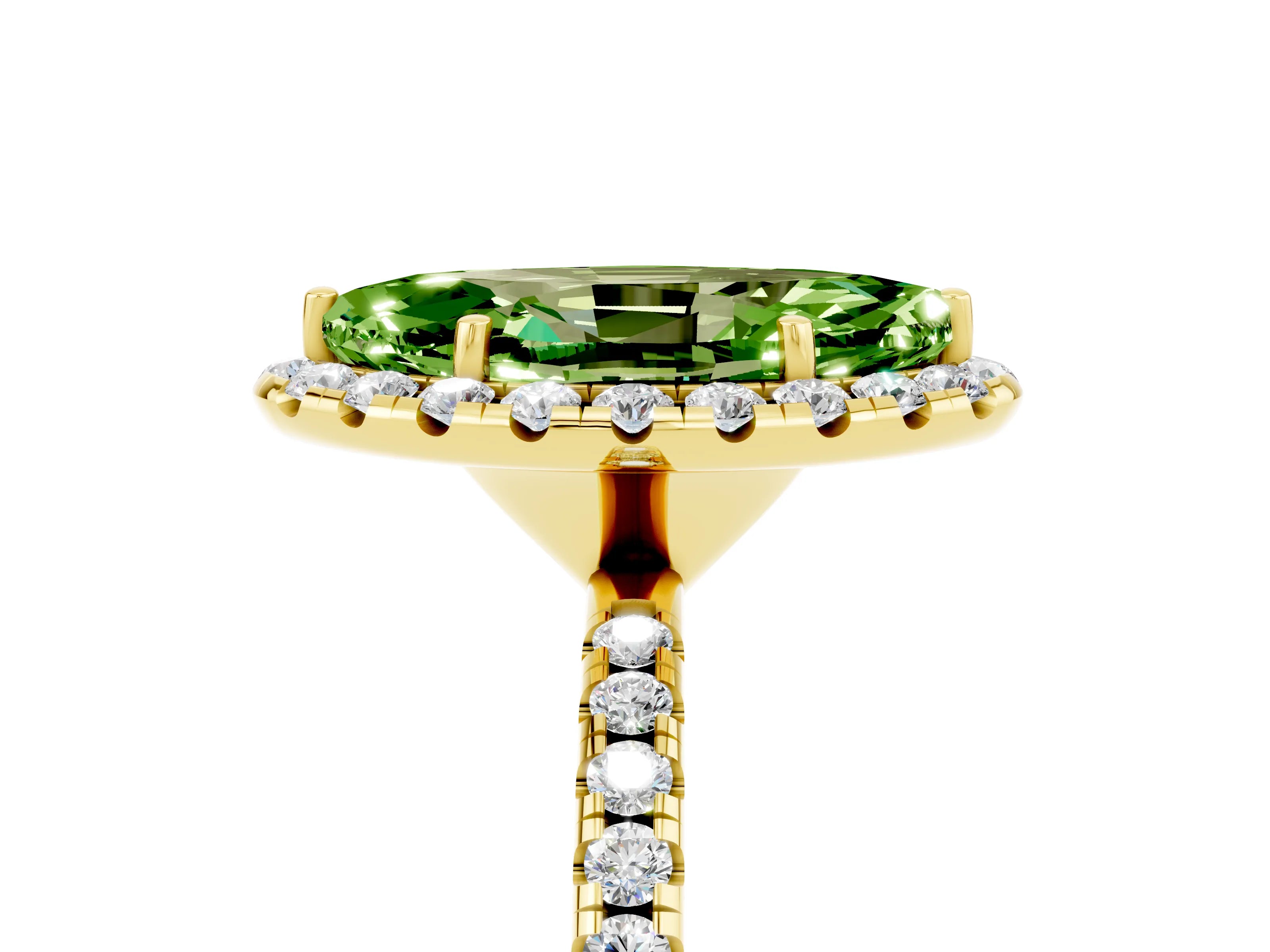 Yellow gold Marquise Cut Halo Round Diamond Pavé Band Four-Prong Ring_5
