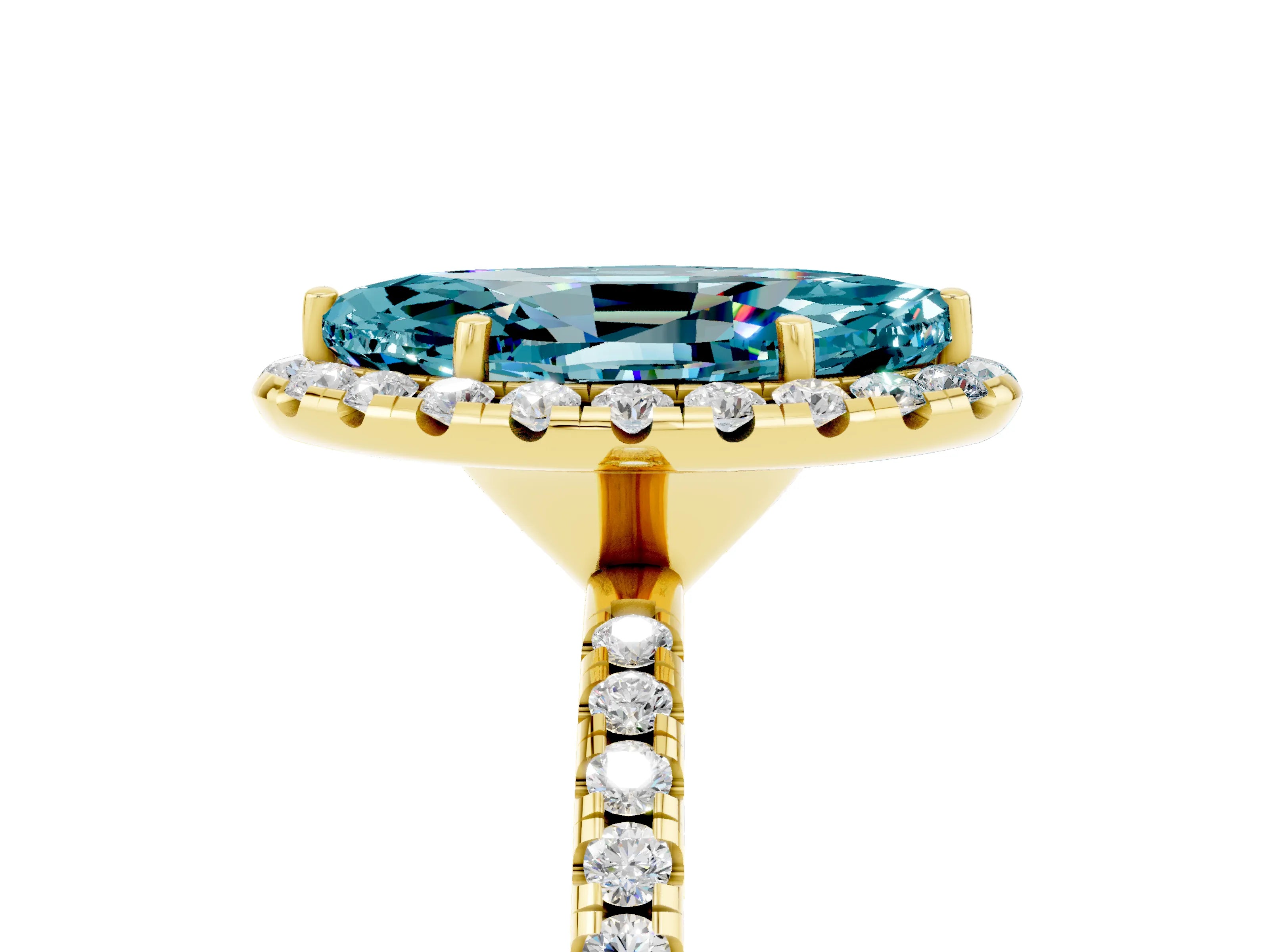 Yellow gold Marquise Cut Halo Round Diamond Pavé Band Four-Prong Ring_5