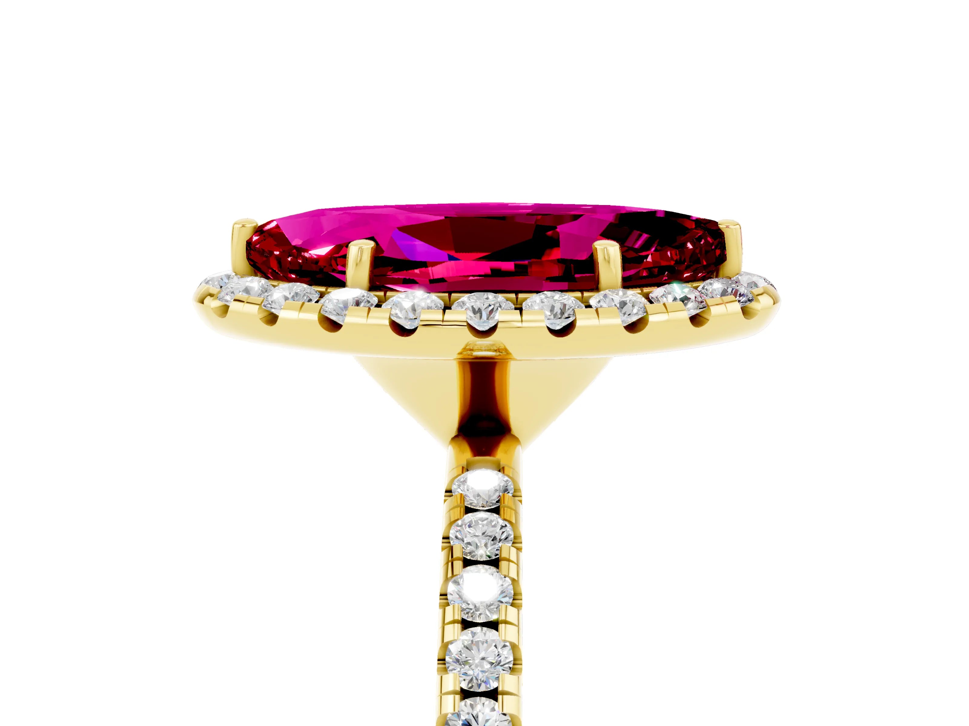 Yellow gold Marquise Cut Halo Round Diamond Pavé Band Four-Prong Ring_5