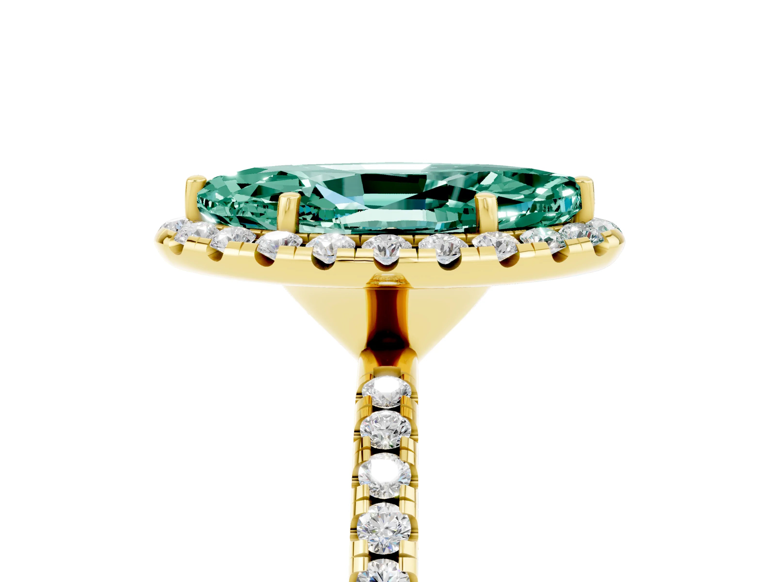Yellow gold Marquise Cut Halo Round Diamond Pavé Band Four-Prong Ring_5