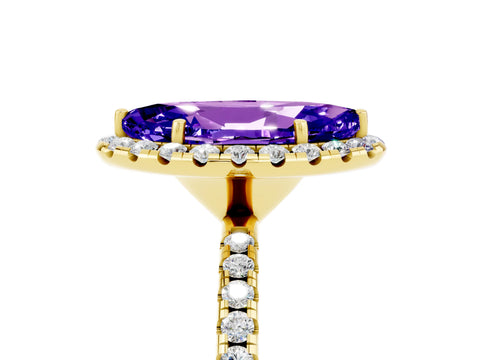 Yellow gold Marquise Cut Halo Round Diamond Pavé Band Four-Prong Ring_5